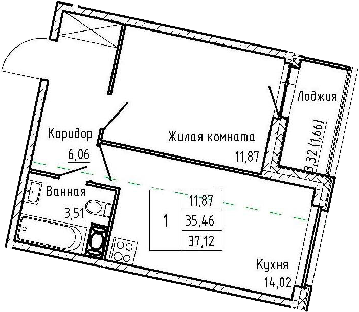 1-комнатная 38 м<sup>2</sup> на 6 этаже 1-комнатная 38 м<sup>2</sup> на 6 этаже