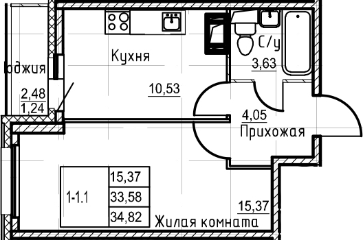 1-комнатная 36 м<sup>2</sup> на 3 этаже 1-комнатная 36 м<sup>2</sup> на 3 этаже
