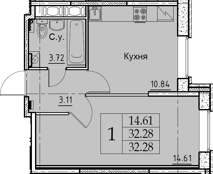 1-комнатная 32 м<sup>2</sup> на 2 этаже 1-комнатная 32 м<sup>2</sup> на 2 этаже