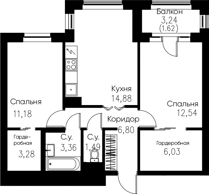 2-комнатная 62 м<sup>2</sup> на 3 этаже 2-комнатная 62 м<sup>2</sup> на 3 этаже