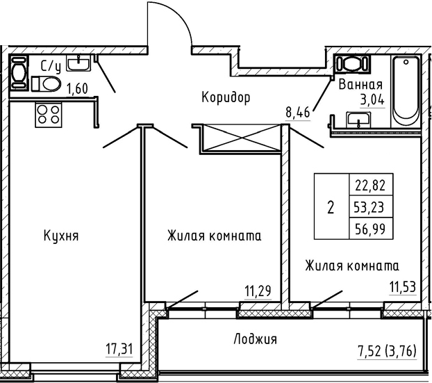 3-комнатная 60 м<sup>2</sup> на 3 этаже 3-комнатная 60 м<sup>2</sup> на 3 этаже