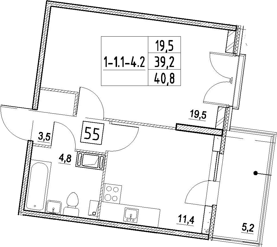 1-комнатная 44 м<sup>2</sup> на 3 этаже 1-комнатная 44 м<sup>2</sup> на 3 этаже