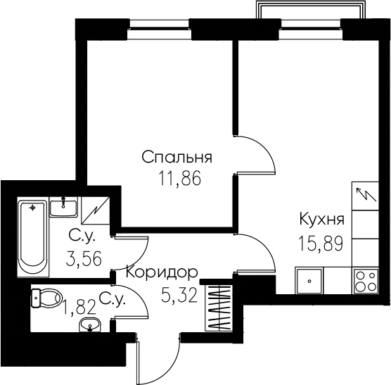 2-комнатная 38 м<sup>2</sup> на 4 этаже 2-комнатная 38 м<sup>2</sup> на 4 этаже