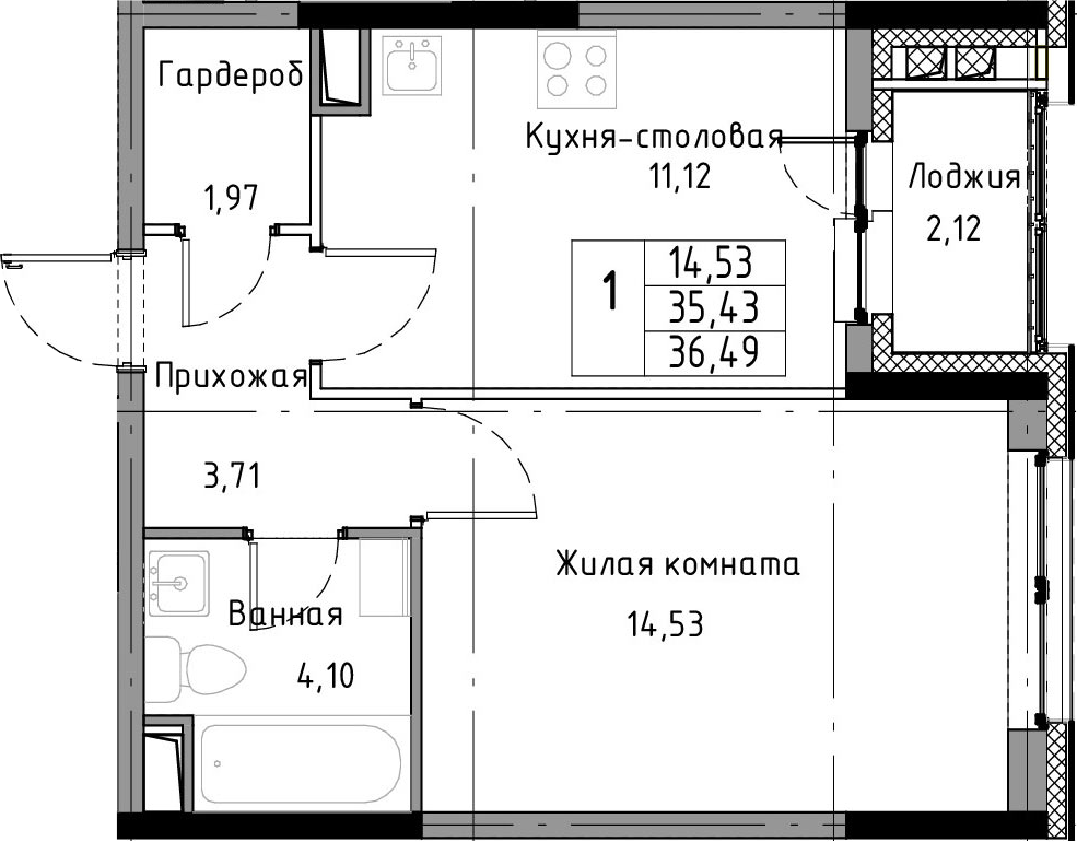 1-комнатная 37 м<sup>2</sup> на 2 этаже 1-комнатная 37 м<sup>2</sup> на 2 этаже