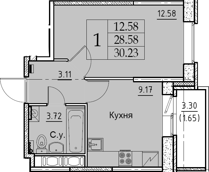 1-комнатная 31 м<sup>2</sup> на 6 этаже 1-комнатная 31 м<sup>2</sup> на 6 этаже