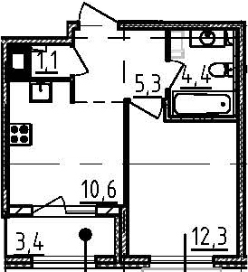 1-комнатная 37 м<sup>2</sup> на 2 этаже 1-комнатная 37 м<sup>2</sup> на 2 этаже