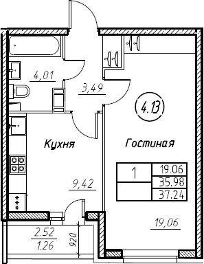 1-комнатная 38 м<sup>2</sup> на 9 этаже 1-комнатная 38 м<sup>2</sup> на 9 этаже