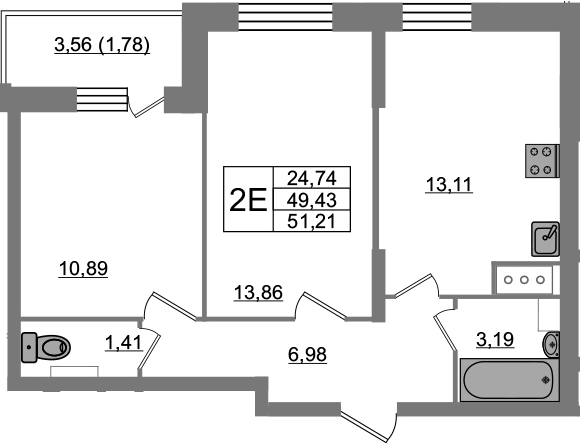 2-комнатная 52 м<sup>2</sup> на 12 этаже 2-комнатная 52 м<sup>2</sup> на 12 этаже