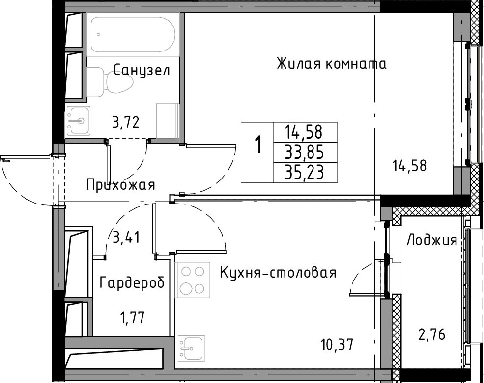 1-комнатная 36 м<sup>2</sup> на 11 этаже 1-комнатная 36 м<sup>2</sup> на 11 этаже