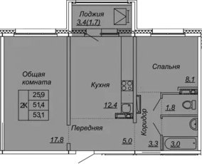 2-комнатная 54 м<sup>2</sup> на 5 этаже 2-комнатная 54 м<sup>2</sup> на 5 этаже