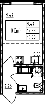 Студия 19 м<sup>2</sup> на 13 этаже Студия 19 м<sup>2</sup> на 13 этаже