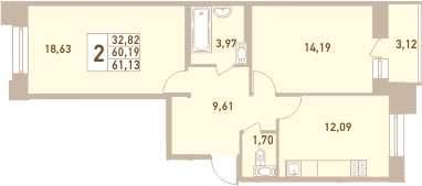 2-комнатная 63 м<sup>2</sup> на 6 этаже 2-комнатная 63 м<sup>2</sup> на 6 этаже