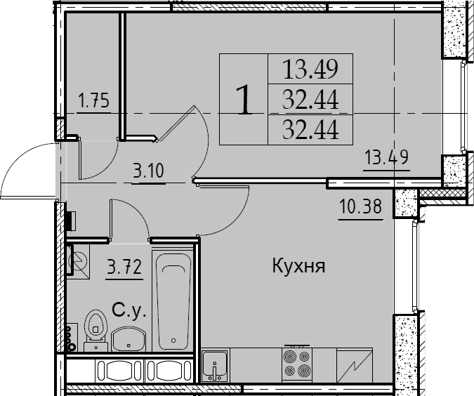 1-комнатная 32 м<sup>2</sup> на 2 этаже 1-комнатная 32 м<sup>2</sup> на 2 этаже