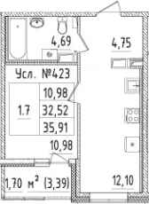 1-комнатная 35 м<sup>2</sup> на 2 этаже 1-комнатная 35 м<sup>2</sup> на 2 этаже