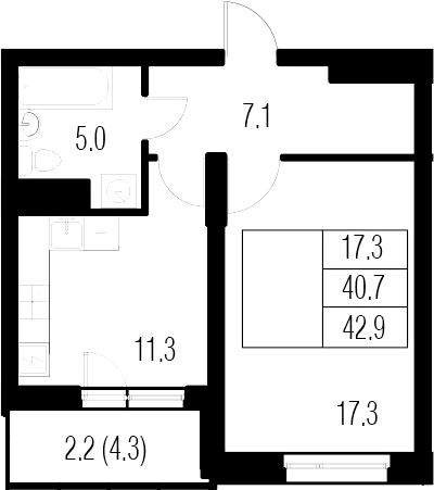 1-комнатная 45 м<sup>2</sup> на 2 этаже 1-комнатная 45 м<sup>2</sup> на 2 этаже