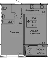 2-комнатная 42 м<sup>2</sup> на 4 этаже 2-комнатная 42 м<sup>2</sup> на 4 этаже