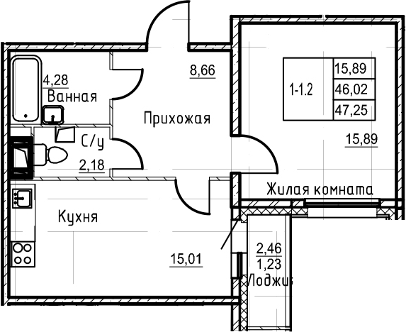 2-комнатная 48 м<sup>2</sup> на 18 этаже 2-комнатная 48 м<sup>2</sup> на 18 этаже