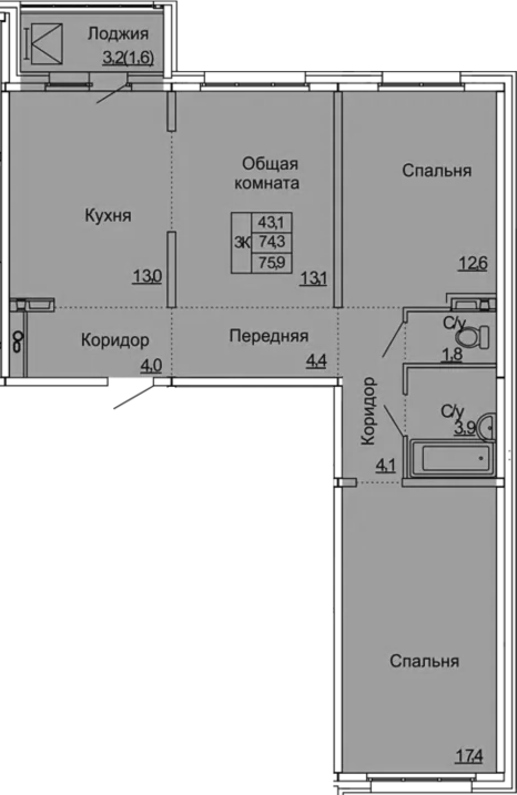 3-комнатная 77 м<sup>2</sup> на 4 этаже 3-комнатная 77 м<sup>2</sup> на 4 этаже