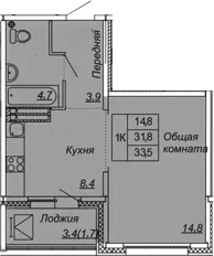 1-комнатная 35 м<sup>2</sup> на 10 этаже 1-комнатная 35 м<sup>2</sup> на 10 этаже