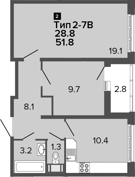 2-комнатная 54 м<sup>2</sup> на 9 этаже 2-комнатная 54 м<sup>2</sup> на 9 этаже