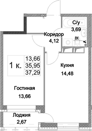 1-комнатная 38 м<sup>2</sup> на 5 этаже 1-комнатная 38 м<sup>2</sup> на 5 этаже