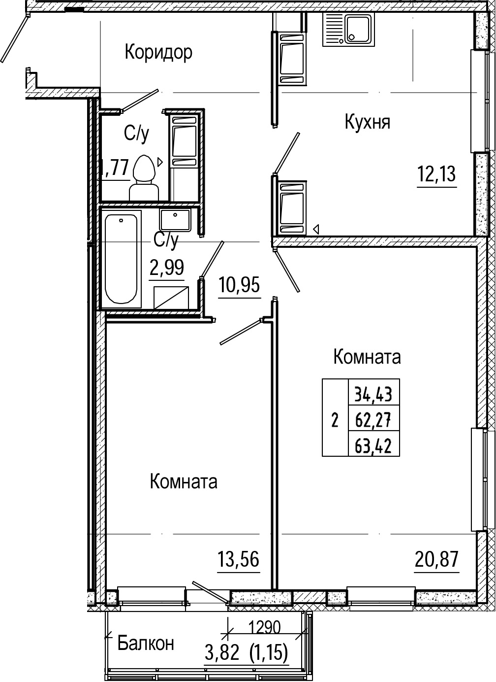 2-комнатная 66 м<sup>2</sup> на 24 этаже 2-комнатная 66 м<sup>2</sup> на 24 этаже