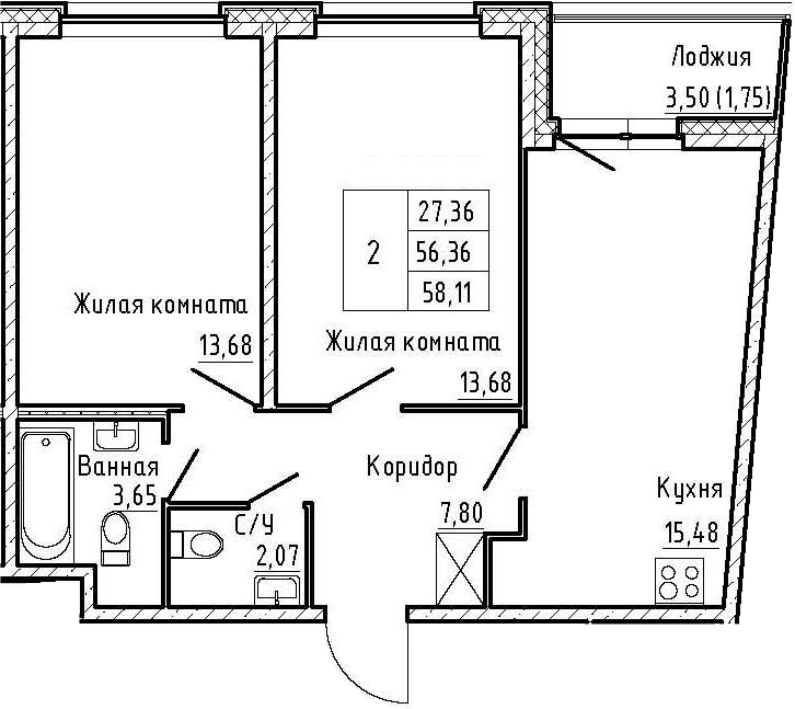 3-комнатная 59 м<sup>2</sup> на 2 этаже 3-комнатная 59 м<sup>2</sup> на 2 этаже