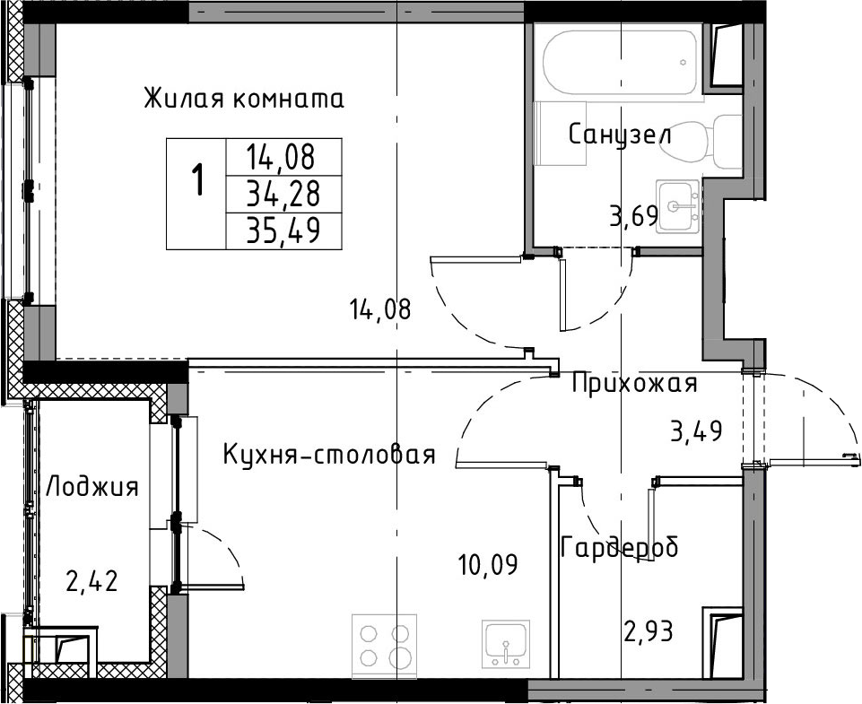 1-комнатная 36 м<sup>2</sup> на 2 этаже 1-комнатная 36 м<sup>2</sup> на 2 этаже