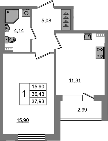 1-комнатная 39 м<sup>2</sup> на 1 этаже 1-комнатная 39 м<sup>2</sup> на 1 этаже