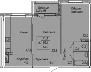 2-комнатная 58 м<sup>2</sup> на 2 этаже 2-комнатная 58 м<sup>2</sup> на 2 этаже