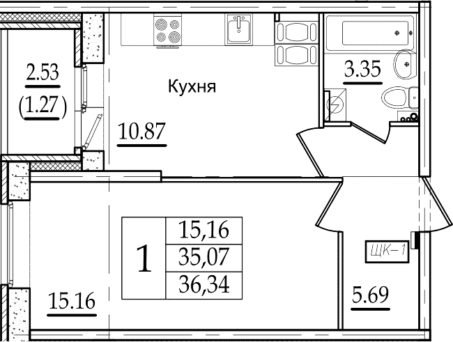1-комнатная 35 м<sup>2</sup> на 2 этаже 1-комнатная 35 м<sup>2</sup> на 2 этаже
