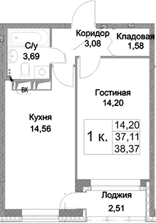 1-комнатная 39 м<sup>2</sup> на 3 этаже 1-комнатная 39 м<sup>2</sup> на 3 этаже