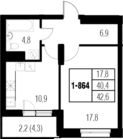 1-комнатная 44 м<sup>2</sup> на 11 этаже 1-комнатная 44 м<sup>2</sup> на 11 этаже