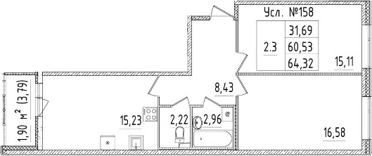 3-комнатная 64 м<sup>2</sup> на 2 этаже 3-комнатная 64 м<sup>2</sup> на 2 этаже