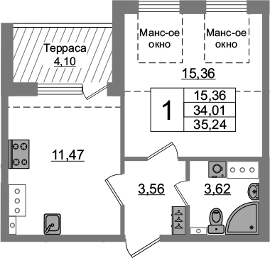 1-комнатная 38 м<sup>2</sup> на 5 этаже 1-комнатная 38 м<sup>2</sup> на 5 этаже