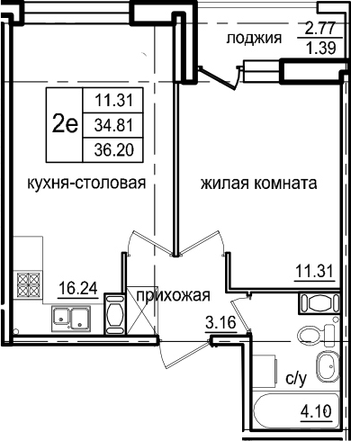 2-комнатная 37 м<sup>2</sup> на 2 этаже 2-комнатная 37 м<sup>2</sup> на 2 этаже