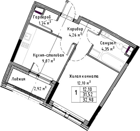 1-комнатная 34 м<sup>2</sup> на 2 этаже 1-комнатная 34 м<sup>2</sup> на 2 этаже