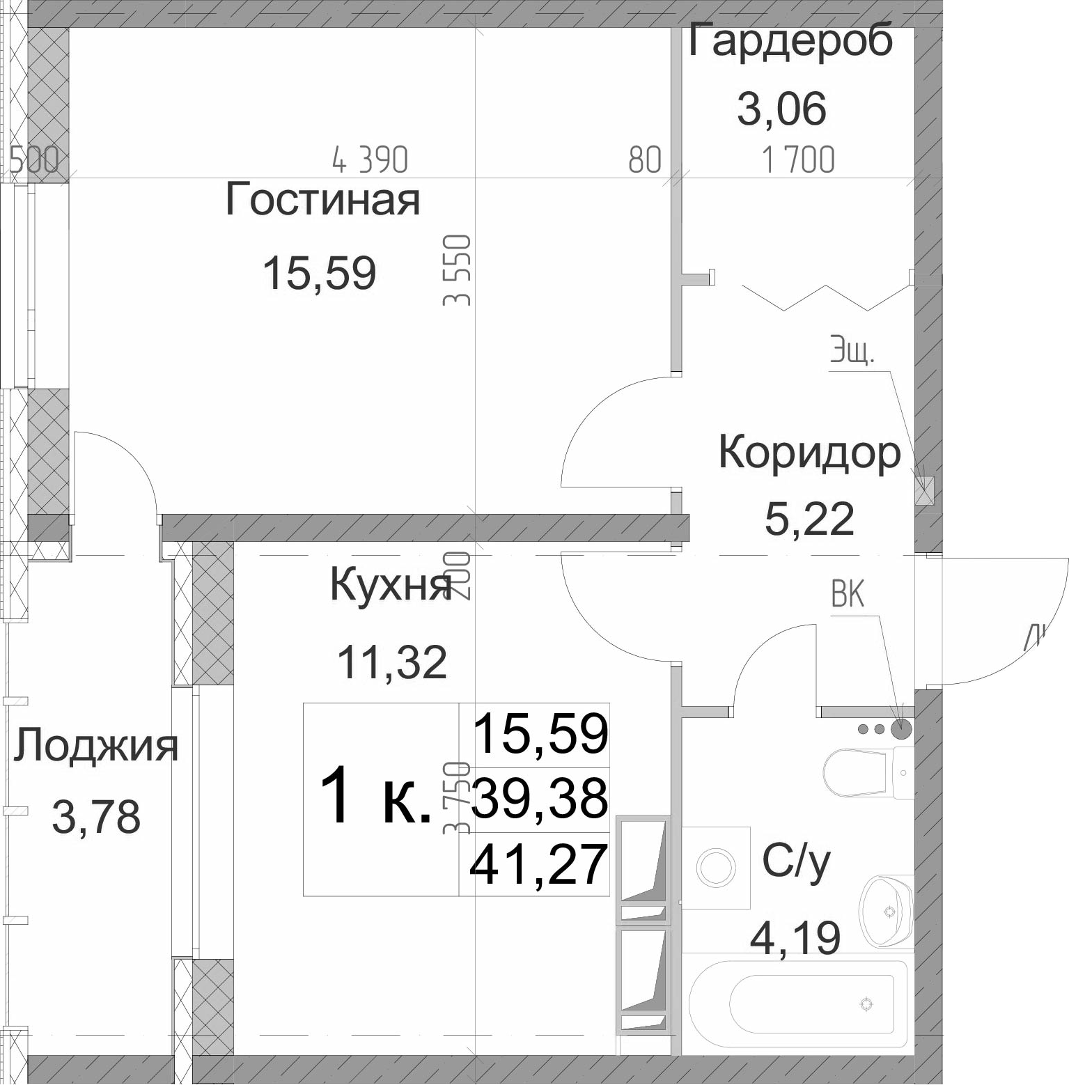 1-комнатная 43 м<sup>2</sup> на 6 этаже 1-комнатная 43 м<sup>2</sup> на 6 этаже