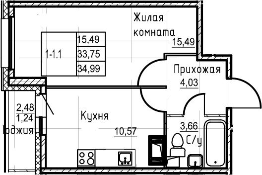 1-комнатная 36 м<sup>2</sup> на 17 этаже 1-комнатная 36 м<sup>2</sup> на 17 этаже