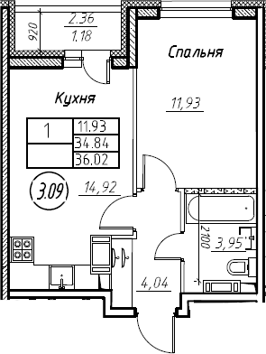 1-комнатная 37 м<sup>2</sup> на 19 этаже 1-комнатная 37 м<sup>2</sup> на 19 этаже