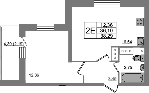 2-комнатная 40 м<sup>2</sup> на 19 этаже 2-комнатная 40 м<sup>2</sup> на 19 этаже