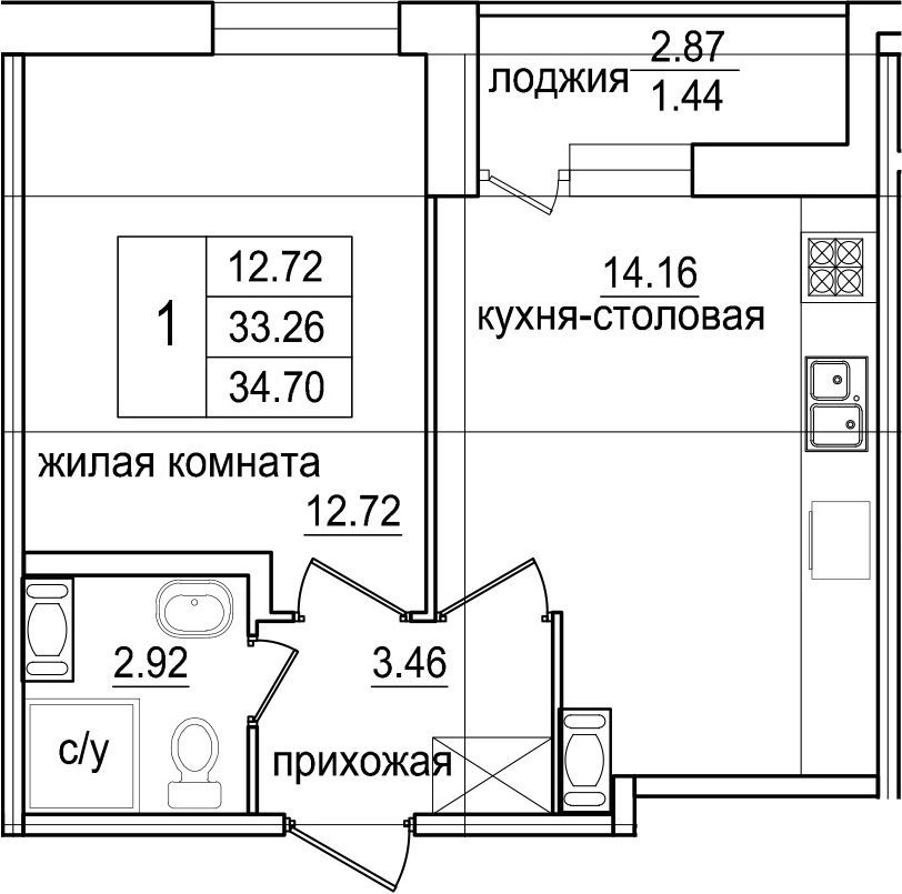 1-комнатная 36 м<sup>2</sup> на 7 этаже 1-комнатная 36 м<sup>2</sup> на 7 этаже