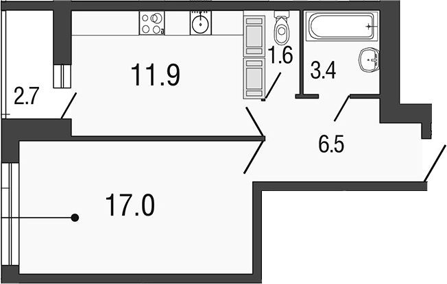 1-комнатная 43 м<sup>2</sup> на 20 этаже 1-комнатная 43 м<sup>2</sup> на 20 этаже
