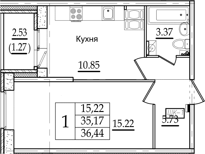 1-комнатная 37 м<sup>2</sup> на 11 этаже 1-комнатная 37 м<sup>2</sup> на 11 этаже