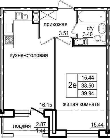 2-комнатная 41 м<sup>2</sup> на 3 этаже 2-комнатная 41 м<sup>2</sup> на 3 этаже
