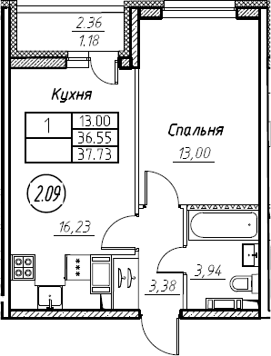 2-комнатная 38 м<sup>2</sup> на 15 этаже 2-комнатная 38 м<sup>2</sup> на 15 этаже
