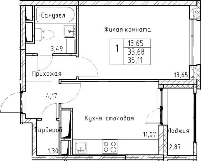 1-комнатная 36 м<sup>2</sup> на 5 этаже 1-комнатная 36 м<sup>2</sup> на 5 этаже