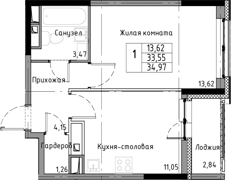1-комнатная 36 м<sup>2</sup> на 6 этаже 1-комнатная 36 м<sup>2</sup> на 6 этаже