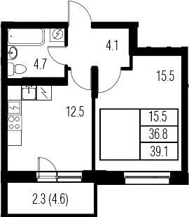 1-комнатная 41 м<sup>2</sup> на 5 этаже 1-комнатная 41 м<sup>2</sup> на 5 этаже