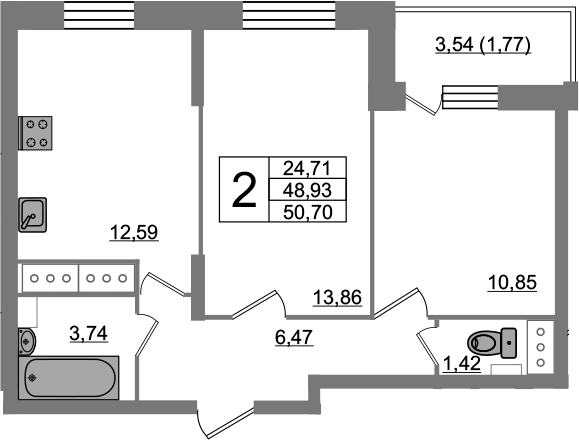2-комнатная 52 м<sup>2</sup> на 21 этаже 2-комнатная 52 м<sup>2</sup> на 21 этаже
